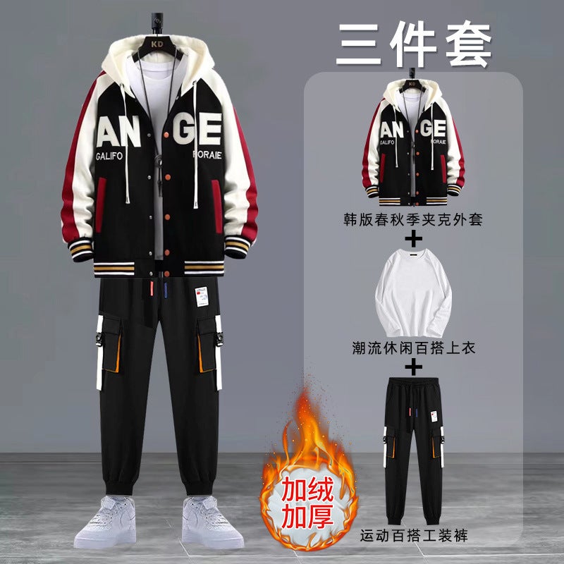 Lamb Fleece Baseball Suit Men'S Winter Group Uniform School Uniform Fleece-Lined Thickened Jacket Teenager Three-Piece Jacket Suit - Image 1